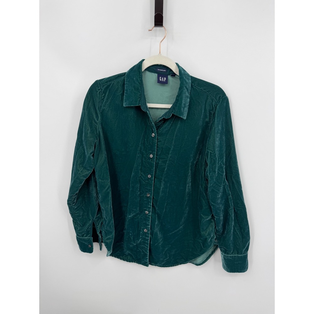 GAP Boyfriend Shirt Women S Petite Green Velvet Button Down Long Sleeve Blouse